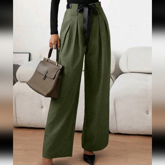 Women's Casual Colorblock Waist Band Pleated Wide-Leg Loose Pants,Autumn - Picture 4 of 5